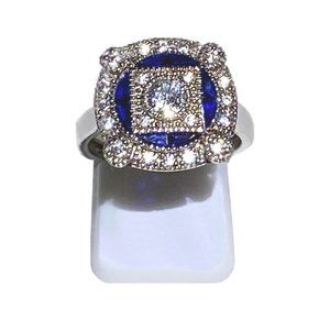 Sapphire Blue Spinel & Synthetic Diamond Estate Inspired Ring - Size 6, 7 or 8